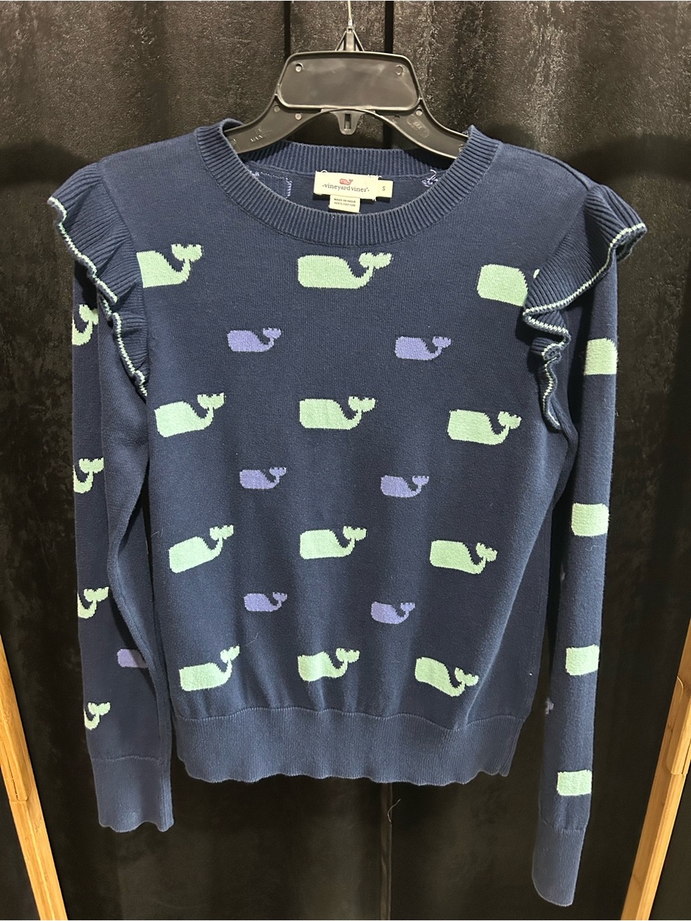 Vineyard Vines Navy Sweater with Mint and Lavender Whale Motif